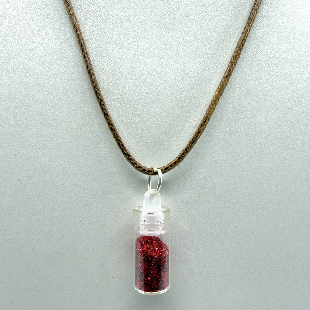 Red Glitter Bottle Charm Necklace Bohemian Statement Jewelry Festival Accessory